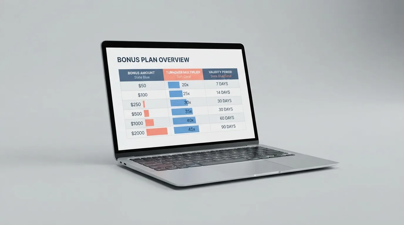 Ekran laptopa z tabelą porównującą kwoty bonusów, mnożniki obrotu i terminy ważności, bez nazw i logotypów
